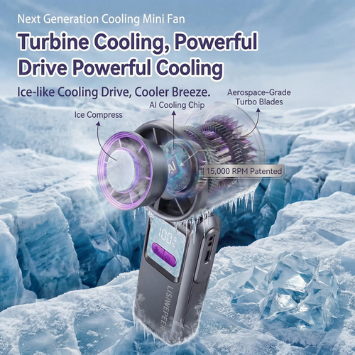 Portable Handheld Rechargeable High-Speed Fan with 199 Speed Settings, Foldable Design, Ice-Cooling Function, and a 5600Mah Power Bank Capability,A Fan Suitable for Summer Travel, Vacations, and Both Outdoor and Indoor Activities.